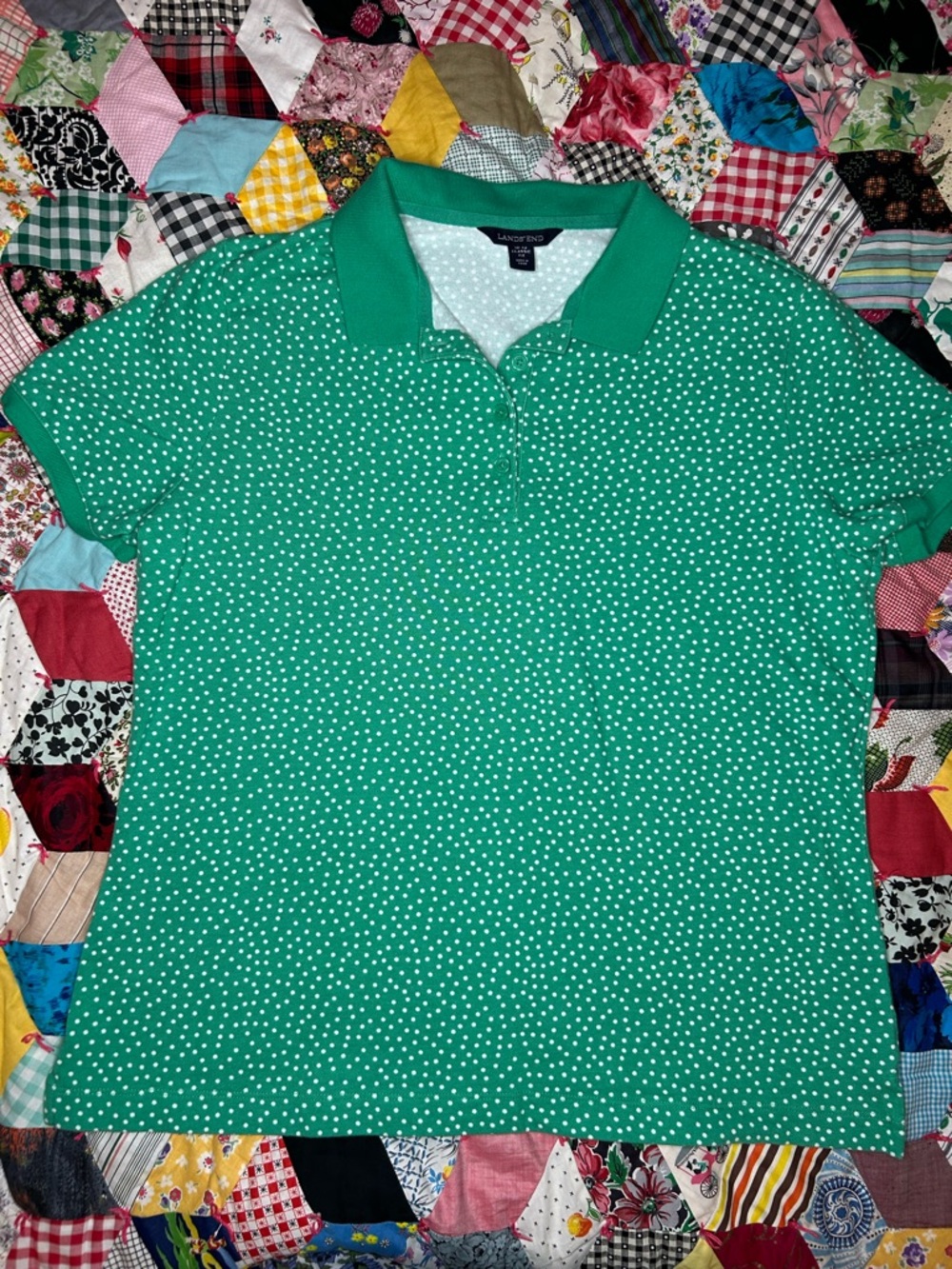 Lands' End Green Polka Dot Polo